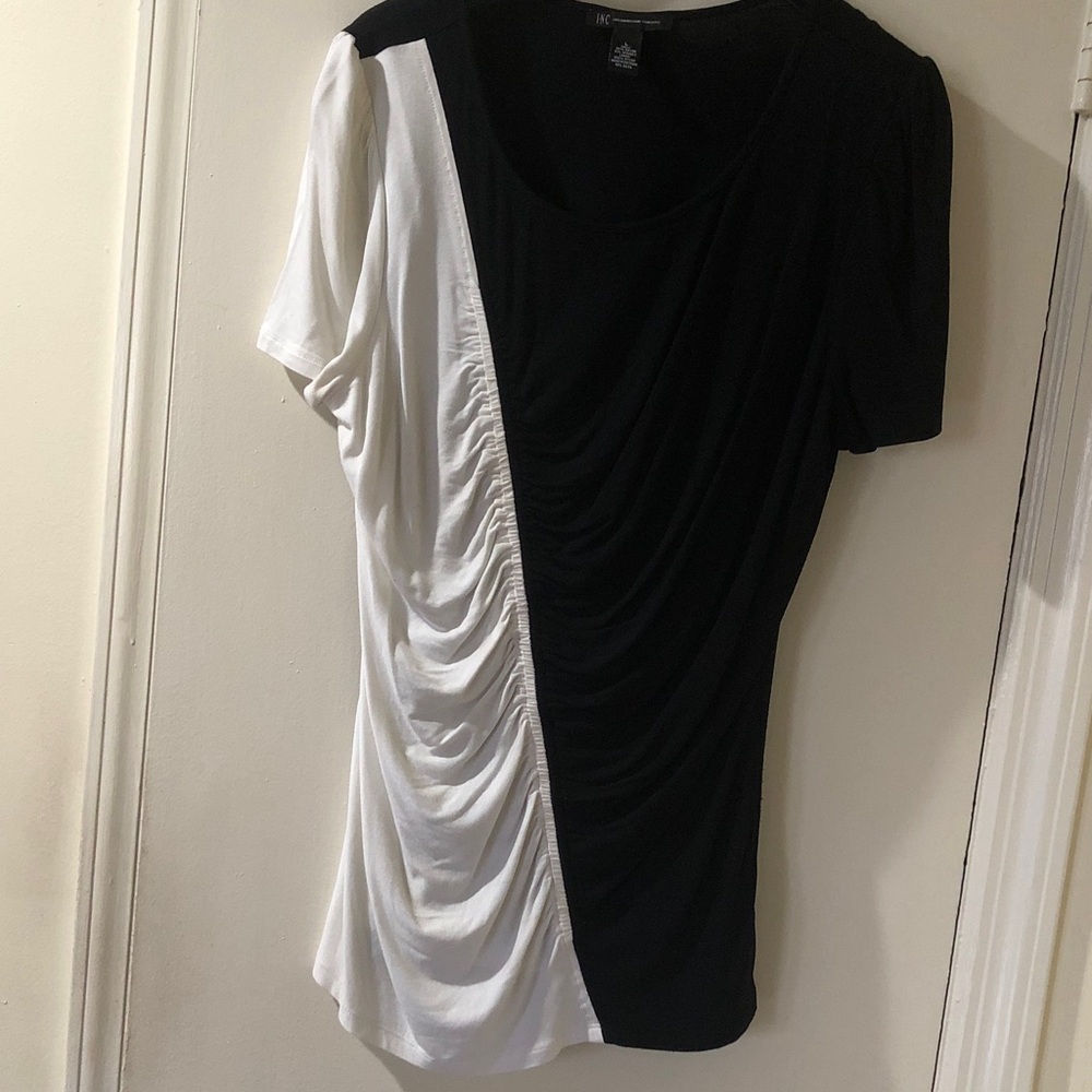 INC International Concepts Black and White Ruched Blouse